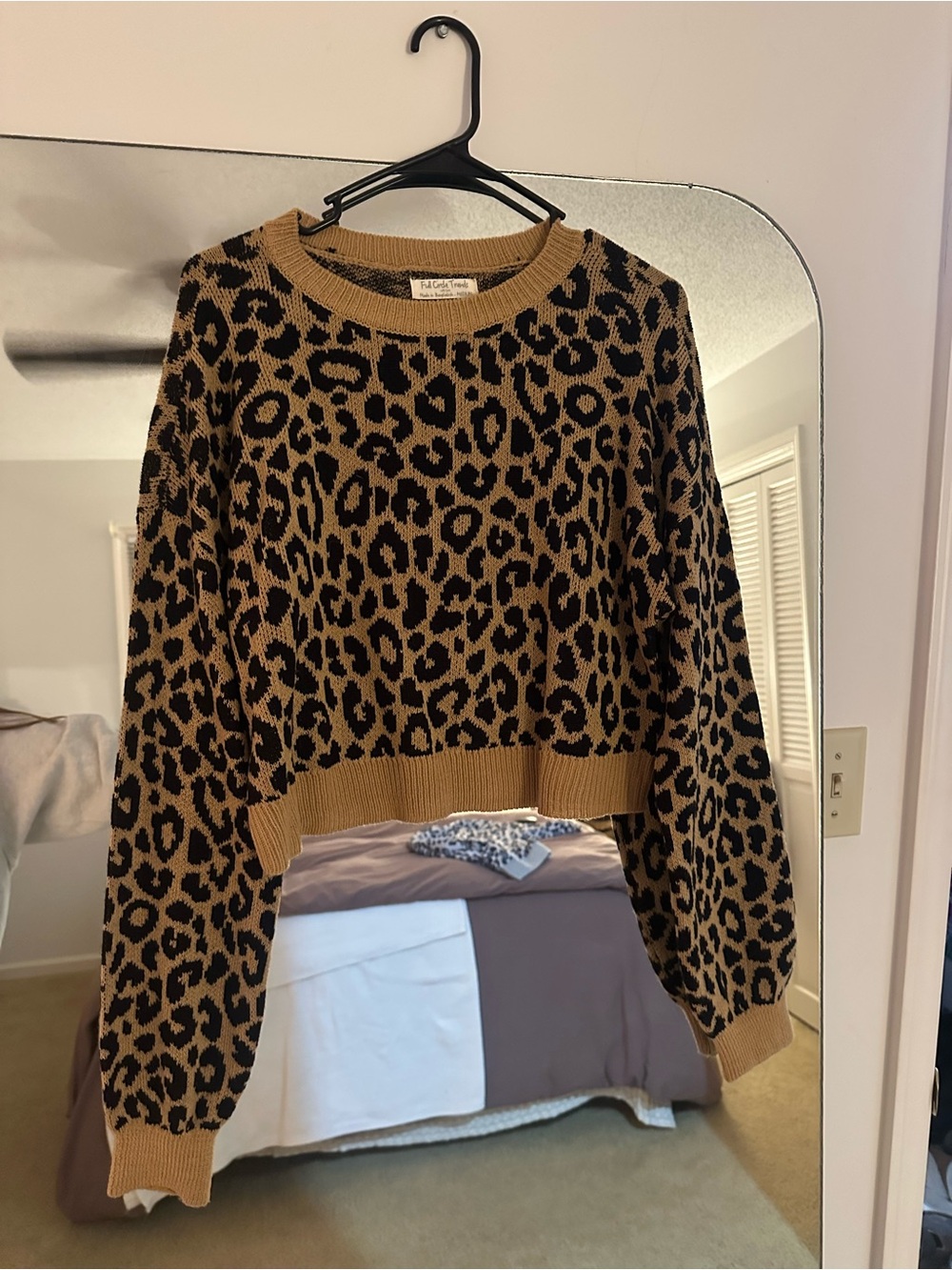 Leopard Print Cropped Crewneck Sweater - Camel/Black